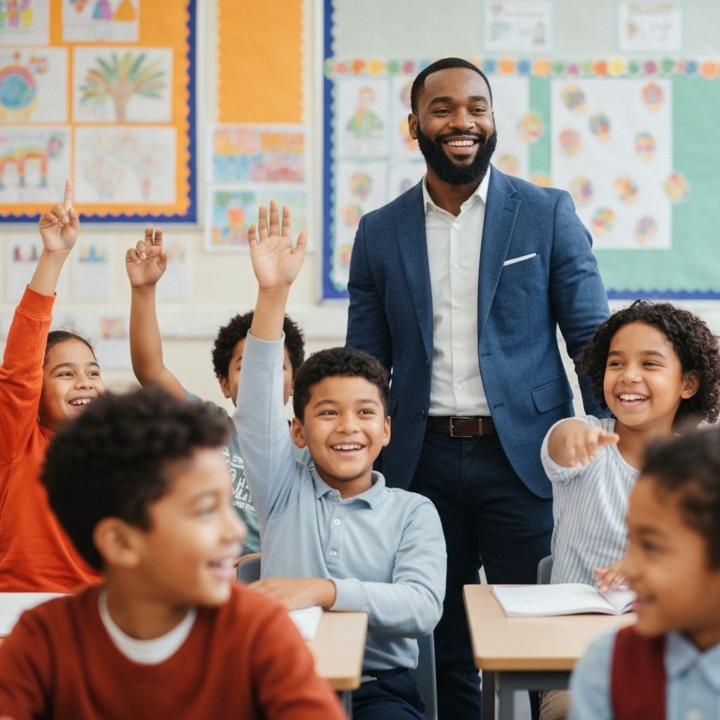 Black male teacher with happy Black male students in mentoring relationship