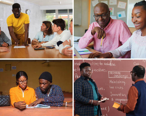 Nigerian educators and students collaborating in various learning environments, showcasing mentorship and innovative teaching approaches